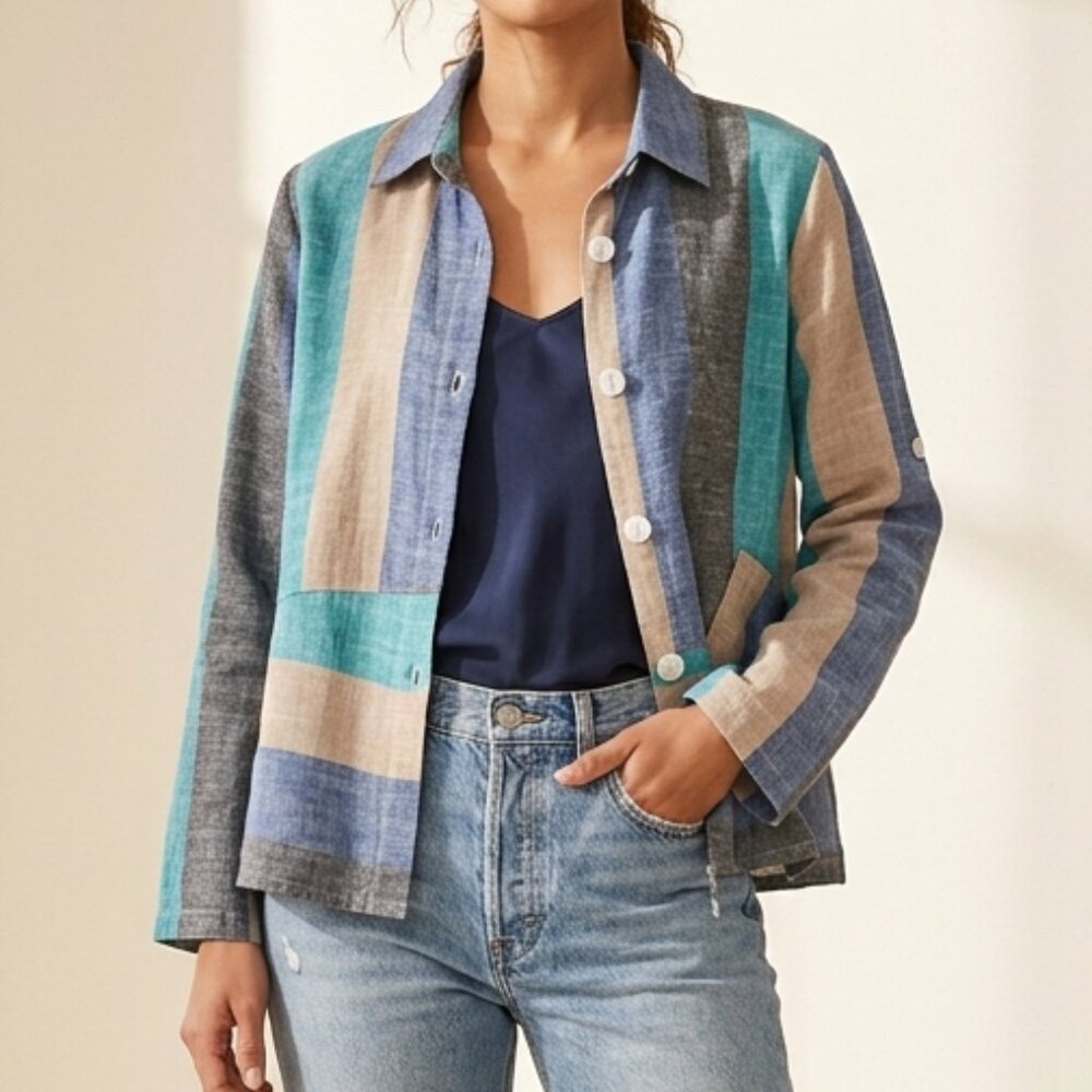 TRISHA TYLER Multi Color Artisan Stripe Colorblock Cotton Button-Up shirt large